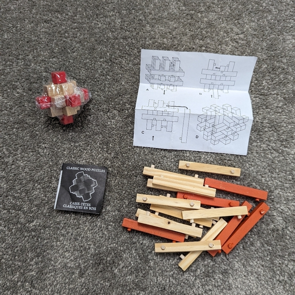 3D Classic Wooden Burr Puzzle with Solution Guide - Brain Teaser
